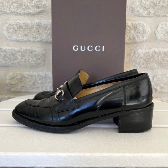 Gucci block heel horsebit loafers rubber sole vintage 90s moccasino nero 7 - Picture 12 of 16